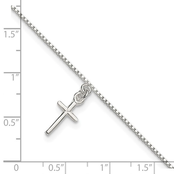 925 Sterling Silver 10 in Solid Polished Cross Charm on Box Chain Jewelry Anklet - Picture 7 of 7